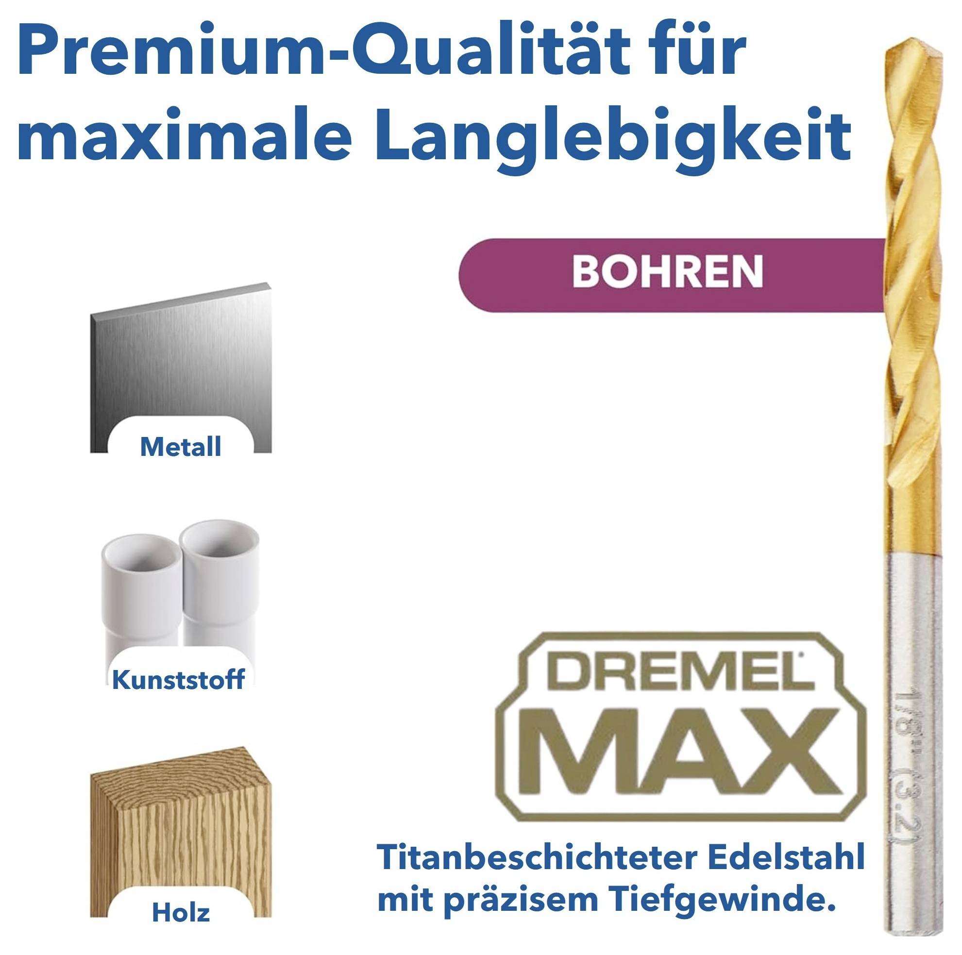 Werbegrafik für einen goldfarbenen Bohrer: 'Premium-Qualität für maximale Langlebigkeit', für Metall, Kunststoff und Holz; Dremel MAX, titanbeschichteter Edelstahl.