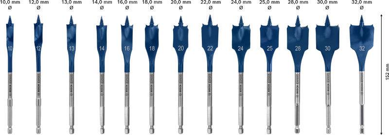 Ein Satz von 13 Spatenbohrern im Bereich von 10 mm bis 32 mm, jede Größe ist im Bild gekennzeichnet und in aufsteigender Reihenfolge angeordnet.