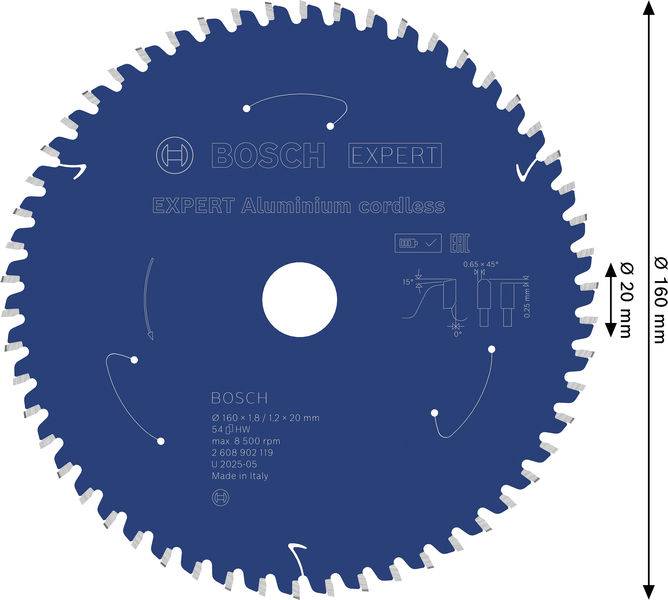 Ein Kreissägeblatt mit der Bezeichnung „EXPERT Aluminium cordless" mit den Abmessungen 160 mm Durchmesser und 20 mm Bohrungsgröße, geeignet zum Schneiden von Aluminium.