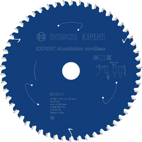 Kreissägeblatt mit der Bezeichnung „Bosch Expert Aluminium cordless" mit Angaben wie Durchmesser, Bohrungsgröße, maximale Drehzahl und Zahnform.