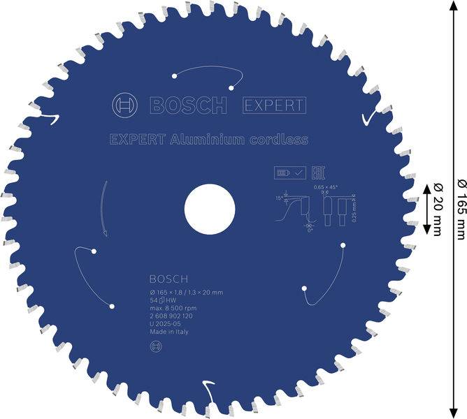 Kreissägeblatt mit der Aufschrift „BOSCH EXPERT Aluminium cordless", blaue Farbe, 165 mm Durchmesser, 20 mm Bohrung. Hergestellt in Italien.