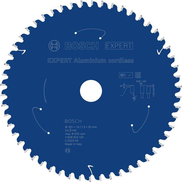 Kreissägeblatt mit Bezeichnung „BOSCH EXPERT Aluminium cordless", 165 x 13 x 20 mm. Enthält Abbildungen und technische Spezifikationen.