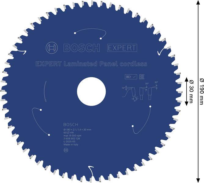 „Sägeblatt mit Bosch-Markenlogo, bezeichnet als „EXPERT" für Sperrholzplatten. Durchmesser: 190 mm, 30 Zähne, Produktdetails auf blauer Oberfläche sichtbar."