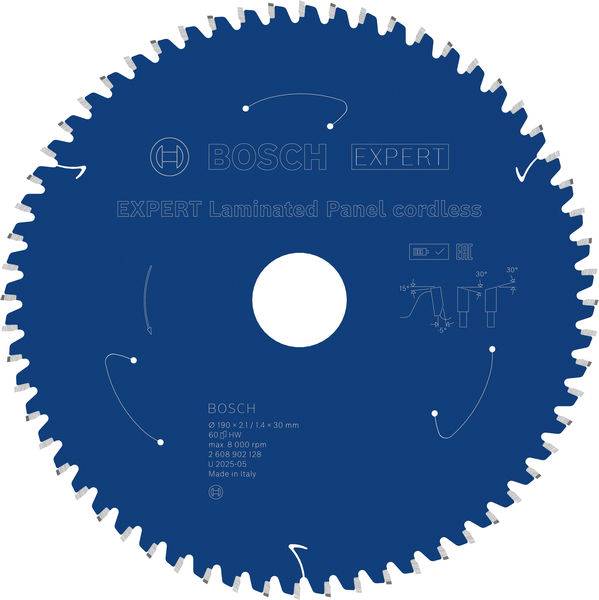 Ein blaues Bosch-Sägeblatt für kabellose laminierte Platten, zeigt Produktspezifikationen und ein Diagramm für die gerichtete Verwendung.
