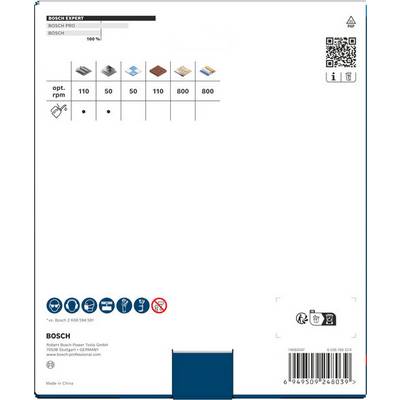 „Bosch Expert" Verpackung mit Kompatibilitätssymbolen für verschiedene Materialien bei optimalen Drehzahlen: 110, 50, 50, 110, 110, 50.