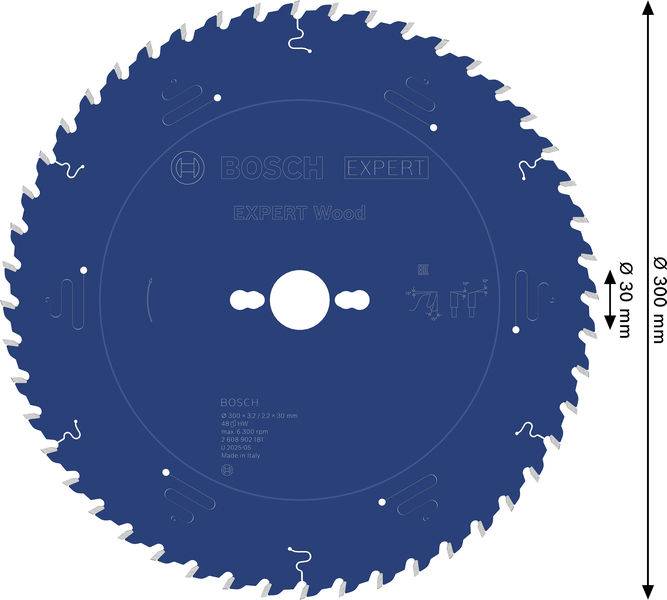Ein Kreissägeblatt mit der Bezeichnung "BOSCH EXPERT", für Holz ausgelegt, mit einem Durchmesser von 300 mm, das aufwendig gezahnte Kanten und technische Spezifikationen zeigt.