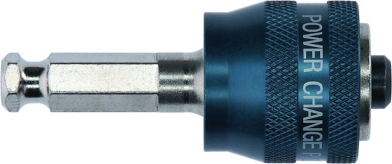 Ein Nahaufnahmebild eines blauen, metallischen Stromwechseladapters für Bohrmaschinen, das seinen strukturierten Griff und seinen glänzenden sechseckigen Schaft zeigt.