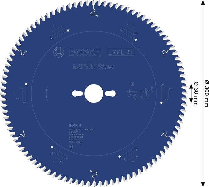 Kreissägeblatt mit der Bezeichnung "Bosch Expert Wood", Durchmesser 305 mm, entwickelt für saubere Holzschnitte, zeigt detailliertes Zahndesign.
