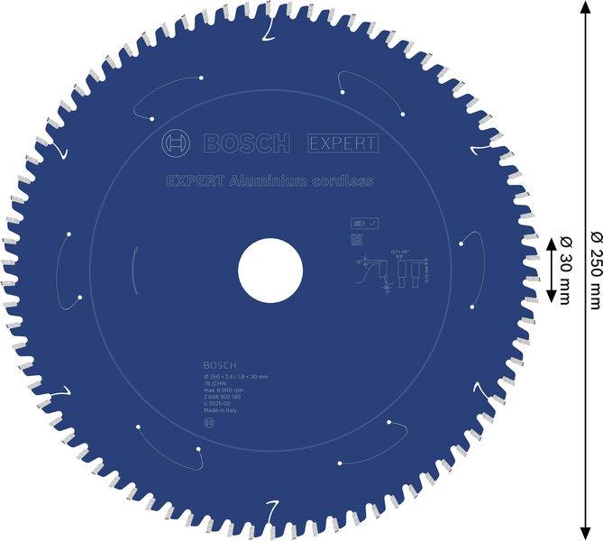 Kreissägeblatt mit 120 Zähnen, Aufschrift „BOSCH EXPERT", zum Schneiden von Aluminium konzipiert, Durchmesser 250 mm, Bohrungsdurchmesser 30 mm.
