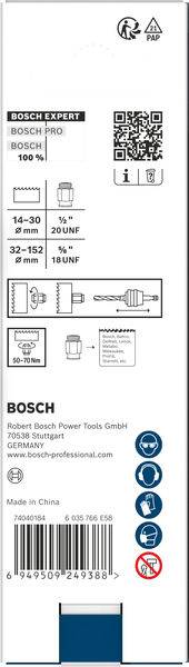 „Bosch Expert"-Werkzeugpaket mit Kompatibilitätsdiagramm: optimale Drehzahl für verschiedene Materialien, QR-Code-Links und Unternehmensdetails.