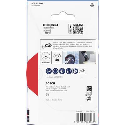 # Bosch Expert ACZ 85 RD4 Diamond Blatt-Verpackung<br><br>Zeigt Kompatibilität mit mehreren Marken, Symbole für Funktionen und Unternehmensdetails.