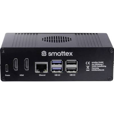 Netzwerkgerät mit Anschlüssen für Stromversorgung, HDMI, Ethernet, USB 3.0 und USB 2.0. Branding und Kontaktinformationen von smattex GmbH sichtbar.