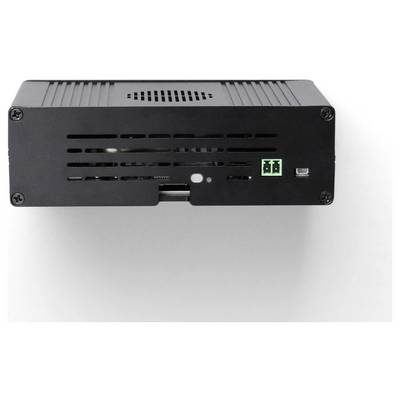 Ein rechteckiges schwarzes elektronisches Gerät mit Lüftungsschlitzen, zwei grünen Anschlüssen, einem USB-Anschluss und versenkten Schrauben an jeder Ecke.