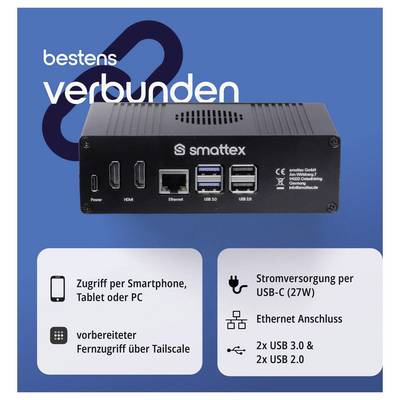 Ein schwarzes Gerät mit verschiedenen Anschlüssen wird vor einem blauen Hintergrund angezeigt. Deutscher Text hebt Funktionen wie Smartphone-Zugriff, USB- und Ethernet-Konnektivität hervor.