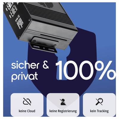 „Schützen Sie Ihre Privatsphäre zu 100%" Gerät ohne Cloud, Registrierung oder Verfolgung. Blauer Hintergrund, der Sicherheit und Datenschutz betont.