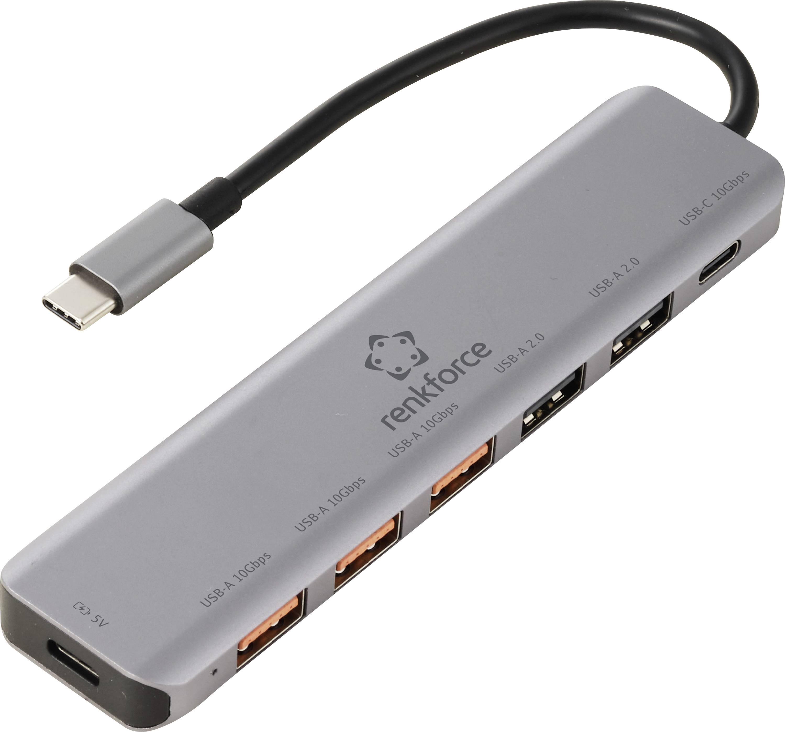 Grauer USB-C-Hub-Adapter mit angeschlossenem Kabel, zeigt mehrere USB-A-Anschlüsse und einen USB-C-Anschluss zur Erweiterung einer Laptop-Verbindung.