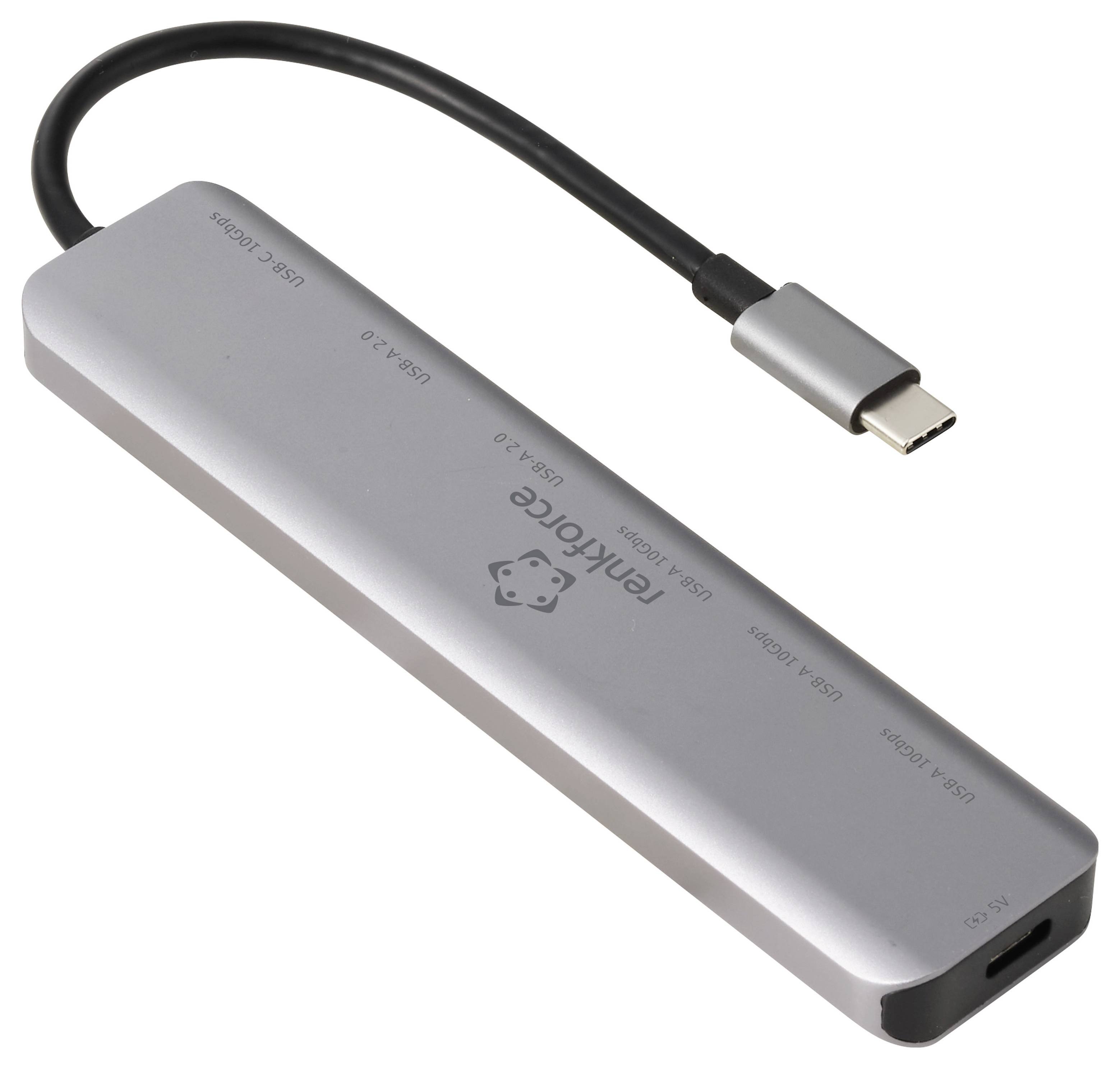 Silberner USB-C-Hub mit angeschlossenem Kabel und mehreren Anschlüssen, dargestellt auf weißem Hintergrund.