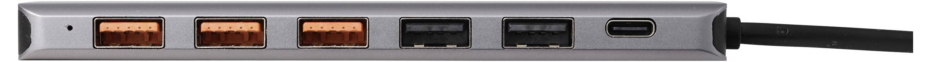 Nahaufnahme eines schlanken silbernen USB-Hubs mit drei orangebeleuchtet USB-A-Anschlüssen, zwei schwarzen Anschlüssen, einem USB-C-Anschluss und einem verbundenen Kabel auf der rechten Seite.