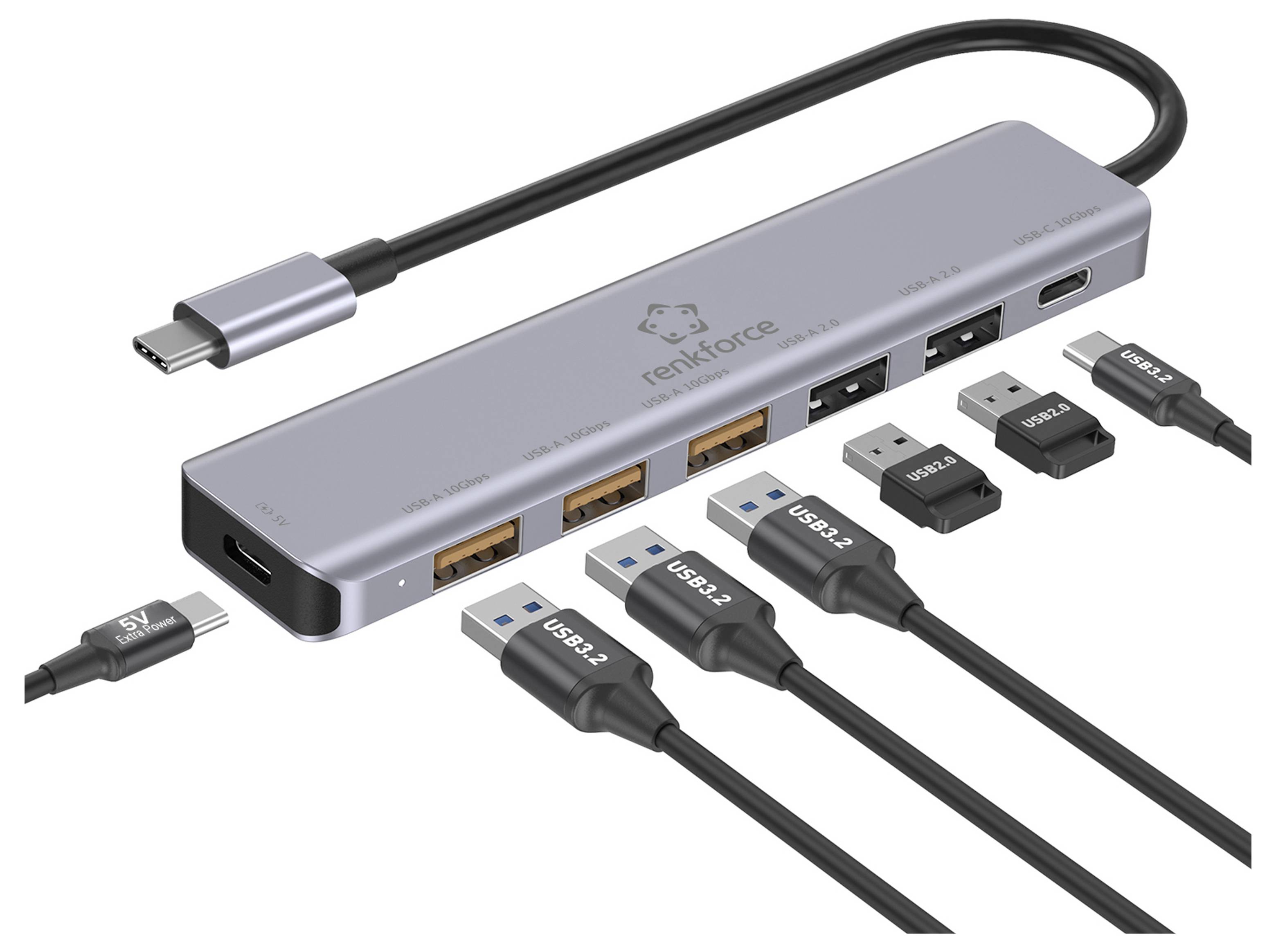 USB-C-Multiport-Hub mit HDMI, USB-A, Ethernet, SD-Kartensteckplätzen und USB-C-Lade-/Datenanschlüssen, gezeigt mit angeschlossenen Kabeln und Adaptern.