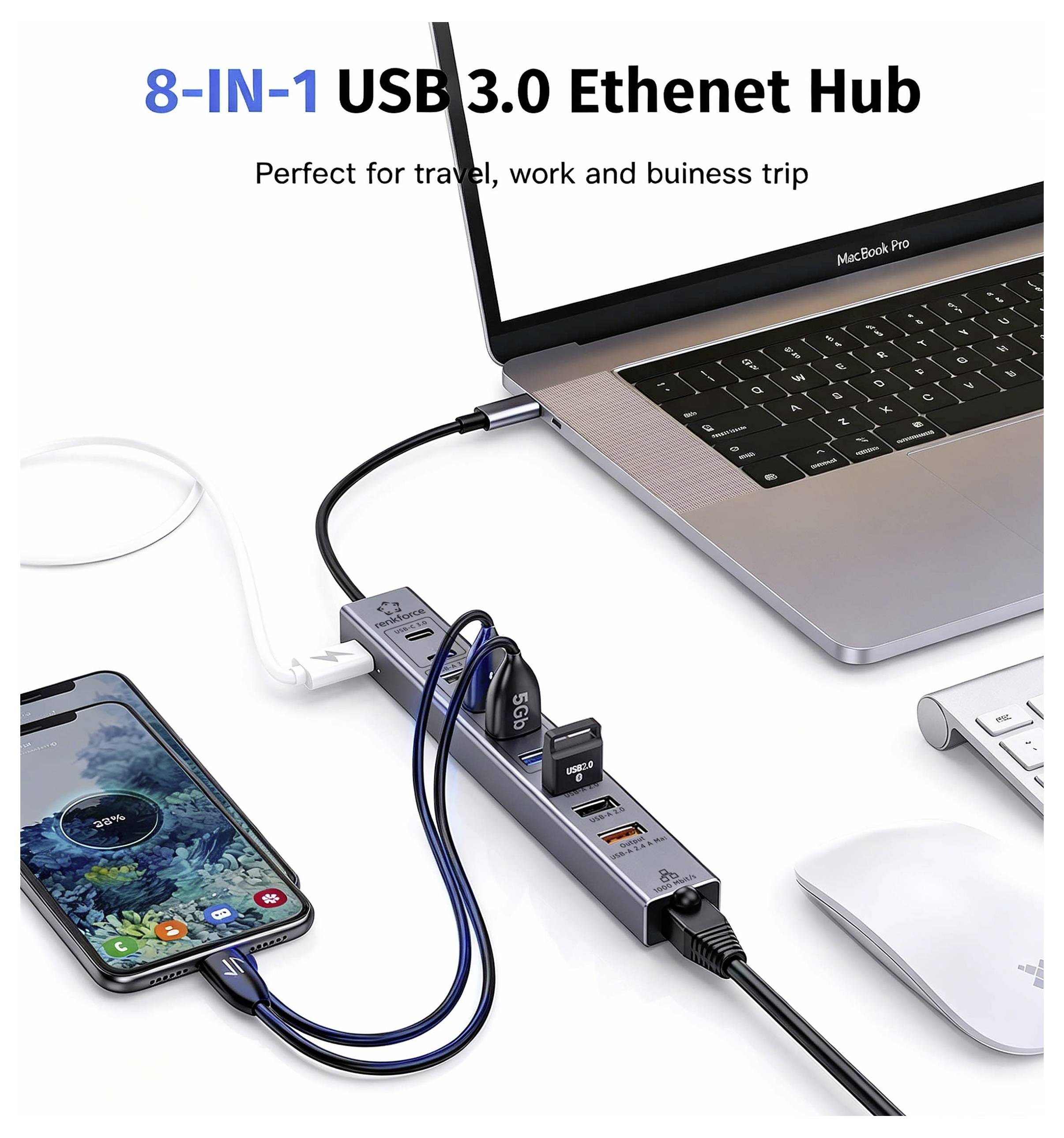 8-in-1 USB 3.0 Ethernet-Hub, verbunden mit einem MacBook, Smartphone, Maus und Tastatur für Reise- und Geschäftsgebrauch.