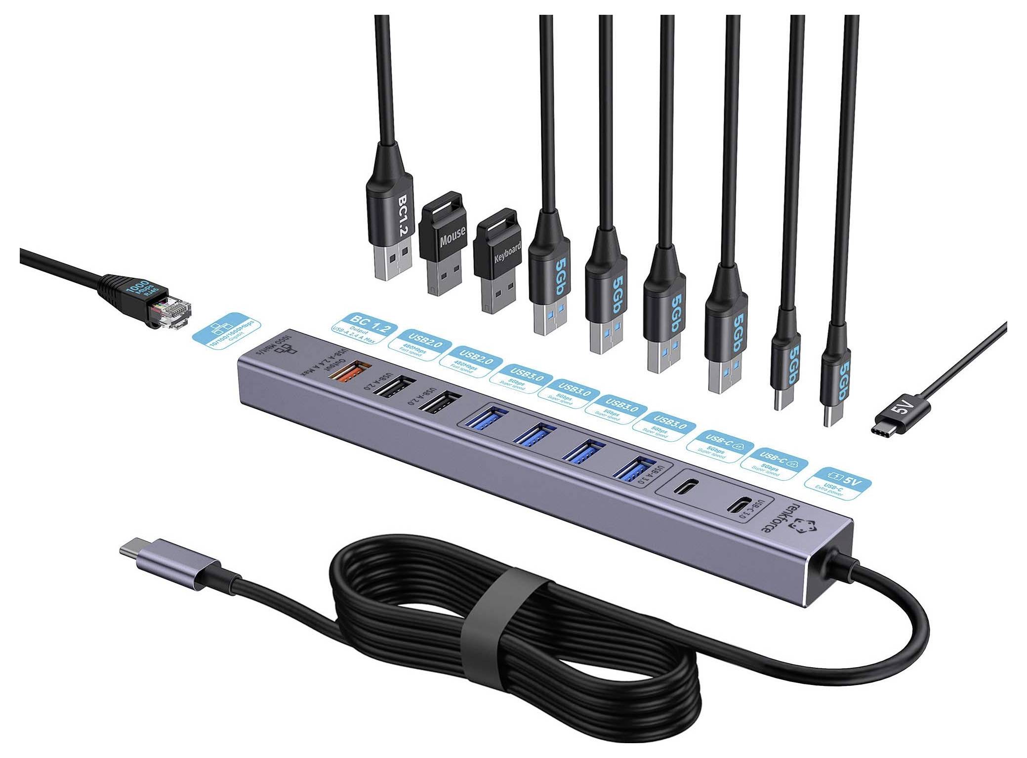 USB-C-Hub mit mehreren Anschlüssen und mehreren austauschbaren Adapter-Spitzen, gezeigt mit einem aufgewickeltem Kabel und einem USB-C-Stecker.