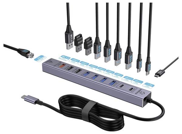 Renkforce RF-7465830 USB-Hub 10 + 1 Port USB-C® USB 3.0 5 GBit/s zur internen Verwendung Grau RF-USBCH-500 USB-C® 10-in-1 Hub