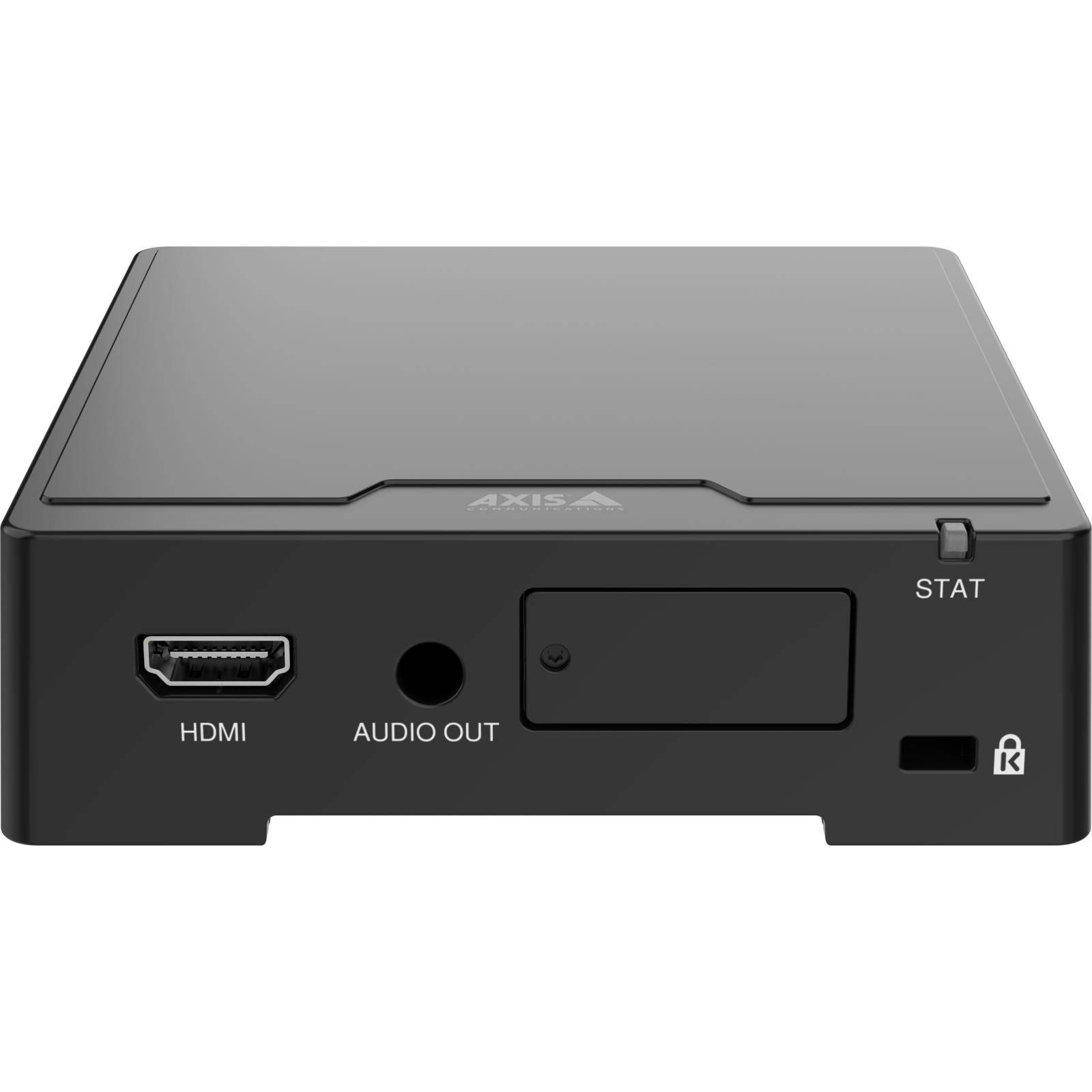 Ein kleines schwarzes elektronisches Gerät mit auf der Frontplatte gekennzeichneten HDMI- und Audioausgängen. Das Markenlogo befindet sich auf der Oberseite.