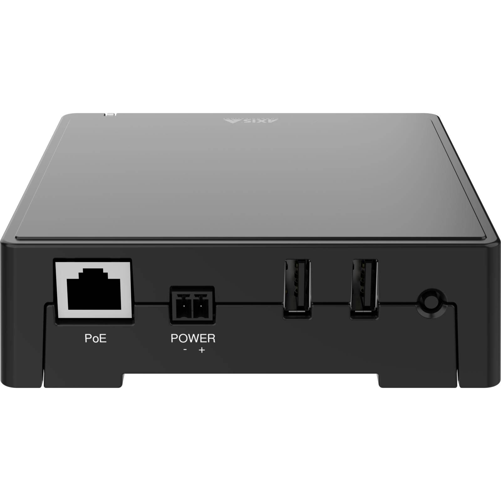 Ein schwarzes elektronisches Gerät mit zwei USB-Anschlüssen, Stromeingang und einem Ethernet-Anschluss mit der Bezeichnung „PoE" auf der Rückseite.
