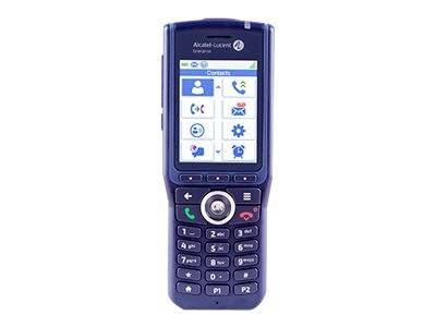 Ein blaues Alcatel-Lucent-Bürotelefon mit einem Kontaktmenü auf dem Display, das Symbole für Nachrichten, Kontakte und Einstellungen zeigt.