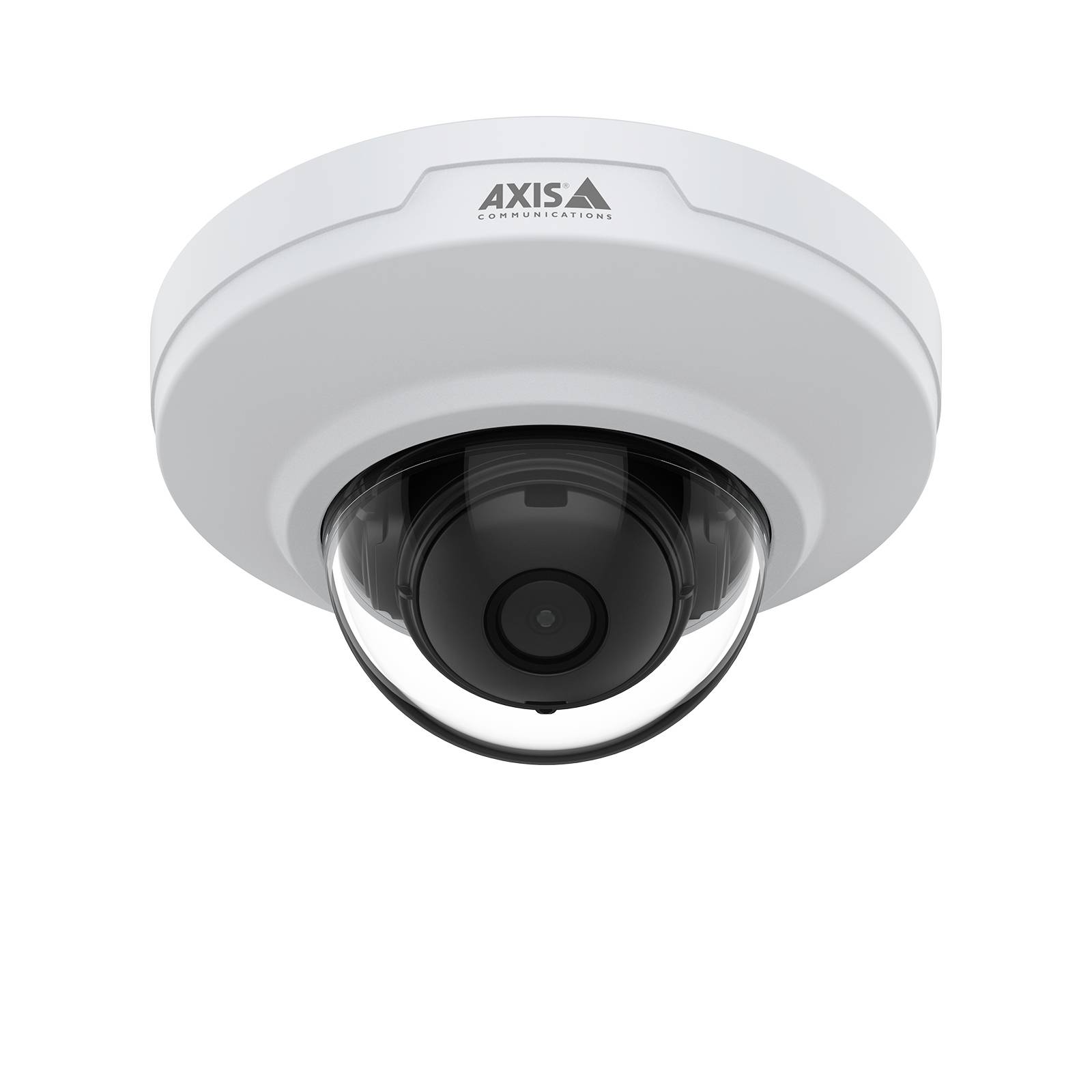 Eine weiße Kuppelsicherheitskamera mit durchsichtigem, rundem Objektivschutz, die den Markennamen „AXIS" auf der Oberseite trägt und für Überwachungszwecke konzipiert ist.