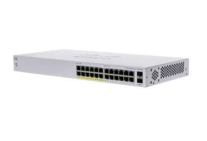 Ein Netzwerk-Switch mit 24 Anschlüssen und silbergrauer Oberfläche, mit Markenlogos und mehreren Ethernet-Anschlüssen auf der Frontplatte.