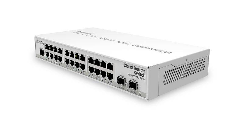 „Cloud Router Switch" mit mehreren Ethernet-Anschlüssen auf der Vorderseite. Wird für Netzwerkverbindungen und Datenverwaltung verwendet. Weißes Gehäuse mit Markenlogo.