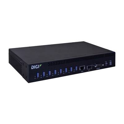 Ein schwarzes Netzwerkgerät mit der Bezeichnung "Digi", das mehrere USB-Anschlüsse, Ethernet-, SFP- und Konsolenverbindungen aufweist.