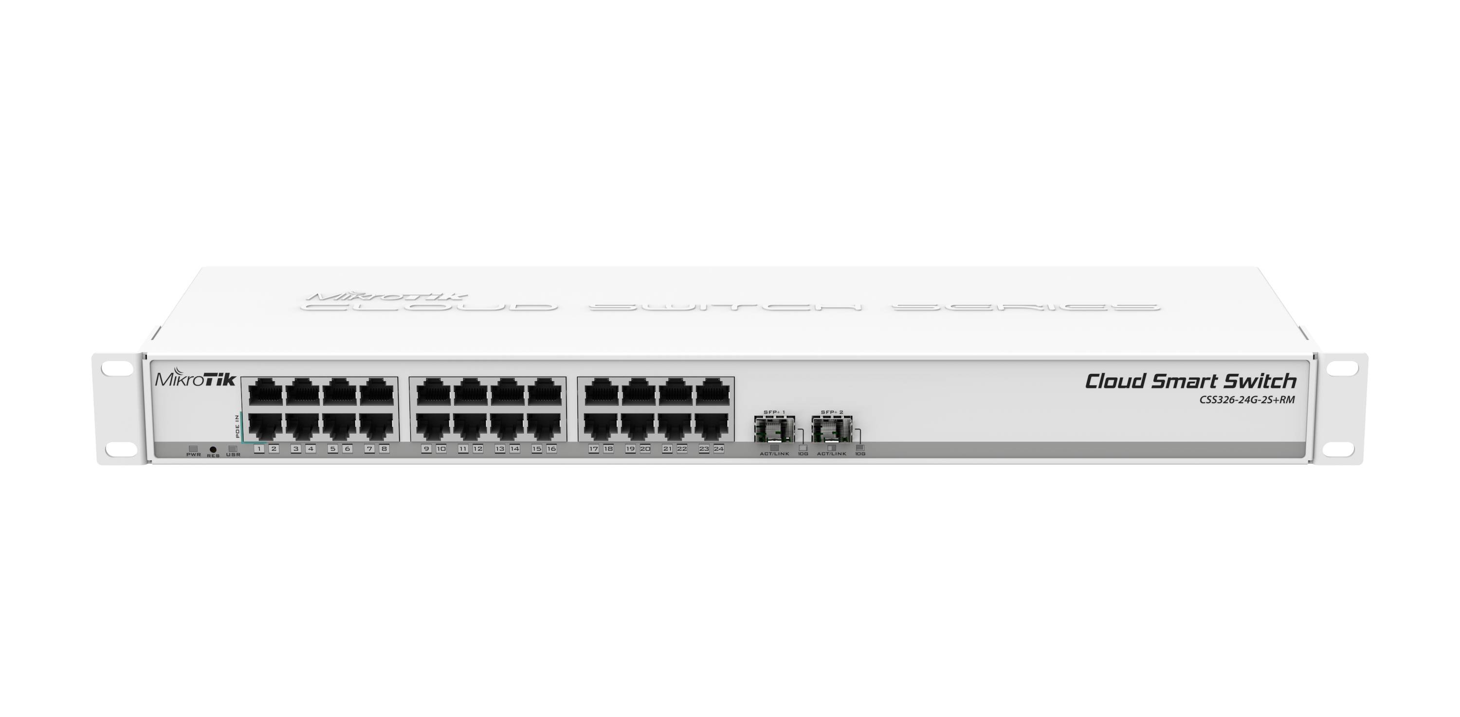 Ein weißer Netzwerk-Switch mit 24 Ethernet-Anschlüssen und zwei Glasfaser-Anschlüssen, mit der Bezeichnung „Cloud Smart Switch".