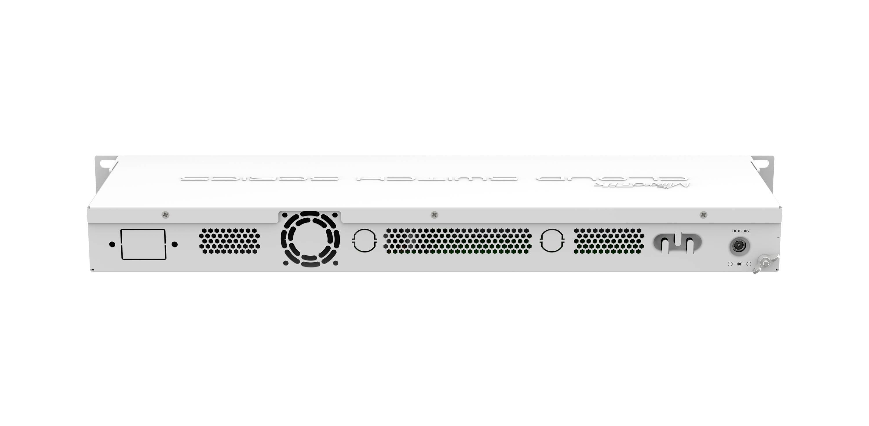 Ein weißes, rechteckiges elektronisches Gerät mit Belüftungsgittern, einem Lüfter und verschiedenen Anschlüssen, wahrscheinlich für Netzwerk- oder Serverfunktionen verwendet.