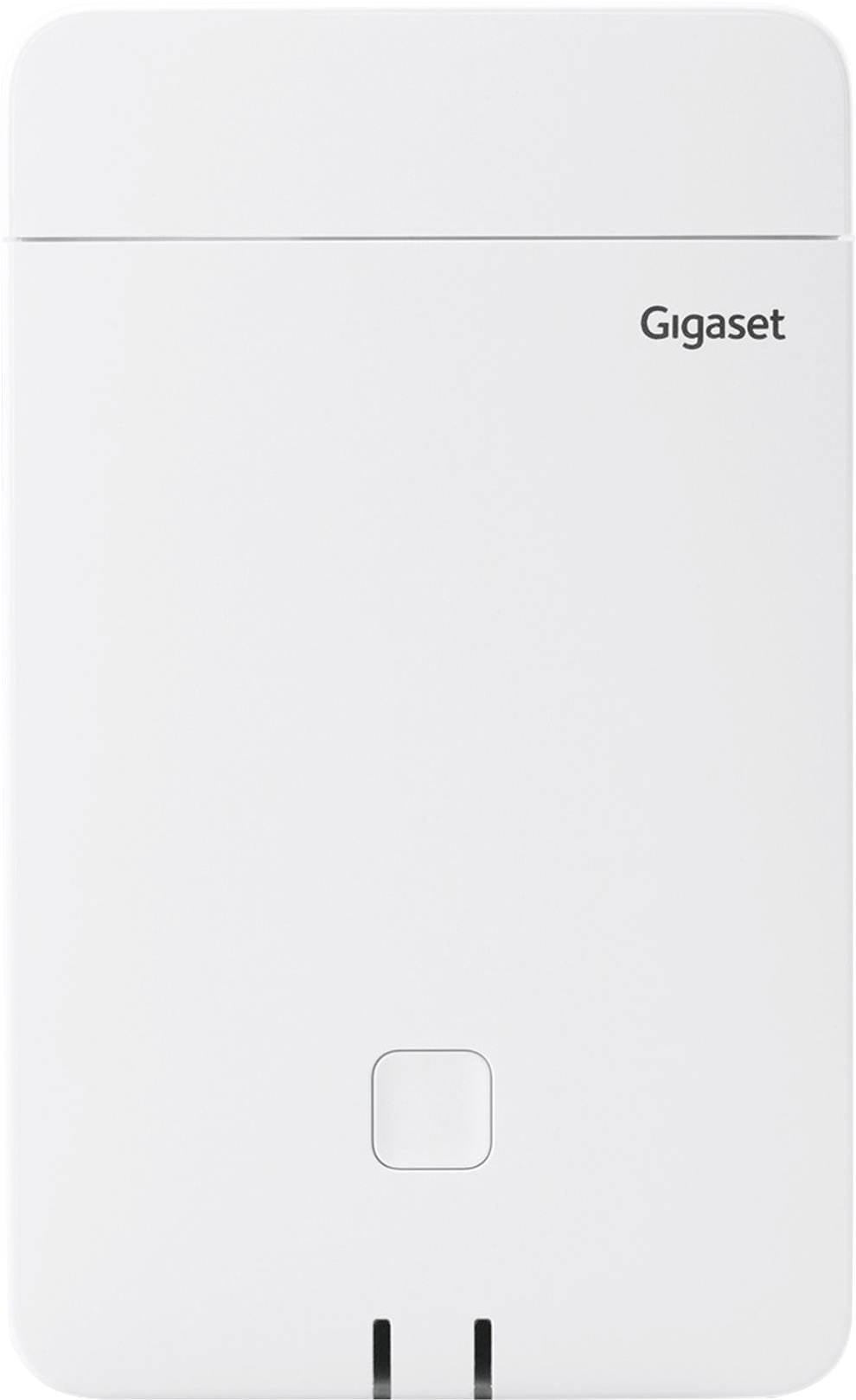 Weißes rechteckiges Gigaset-Gerät mit einem kleinen quadratischen Knopf in der Mitte unten.