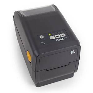 Ein kompakter Thermodrucker mit Bedienungsschaltflächen und Anzeigelampen oben. Der Drucker hat ein elegantes, schwarzes Design mit einer gelben Schaltfläche an der Seite.