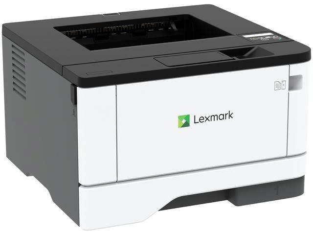 „Lexmark" – Schwarzweiß-Laserdrucker mit Papierausgabefach oben, dargestellt aus einer frontalen Perspektive.