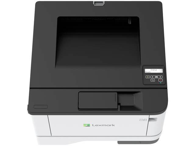 Ein schwarzer und weißer Lexmark-Drucker von oben betrachtet, mit der Oberseite und den Bedienungstasten sowie einem kleinen Display-Bildschirm.