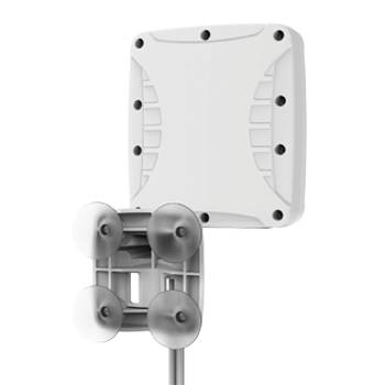Eine weiße, an der Wand montierte quadratische Antenne mit abgerundeten Kanten, die an einer Halterung mit vier Saugnäpfen befestigt ist.
