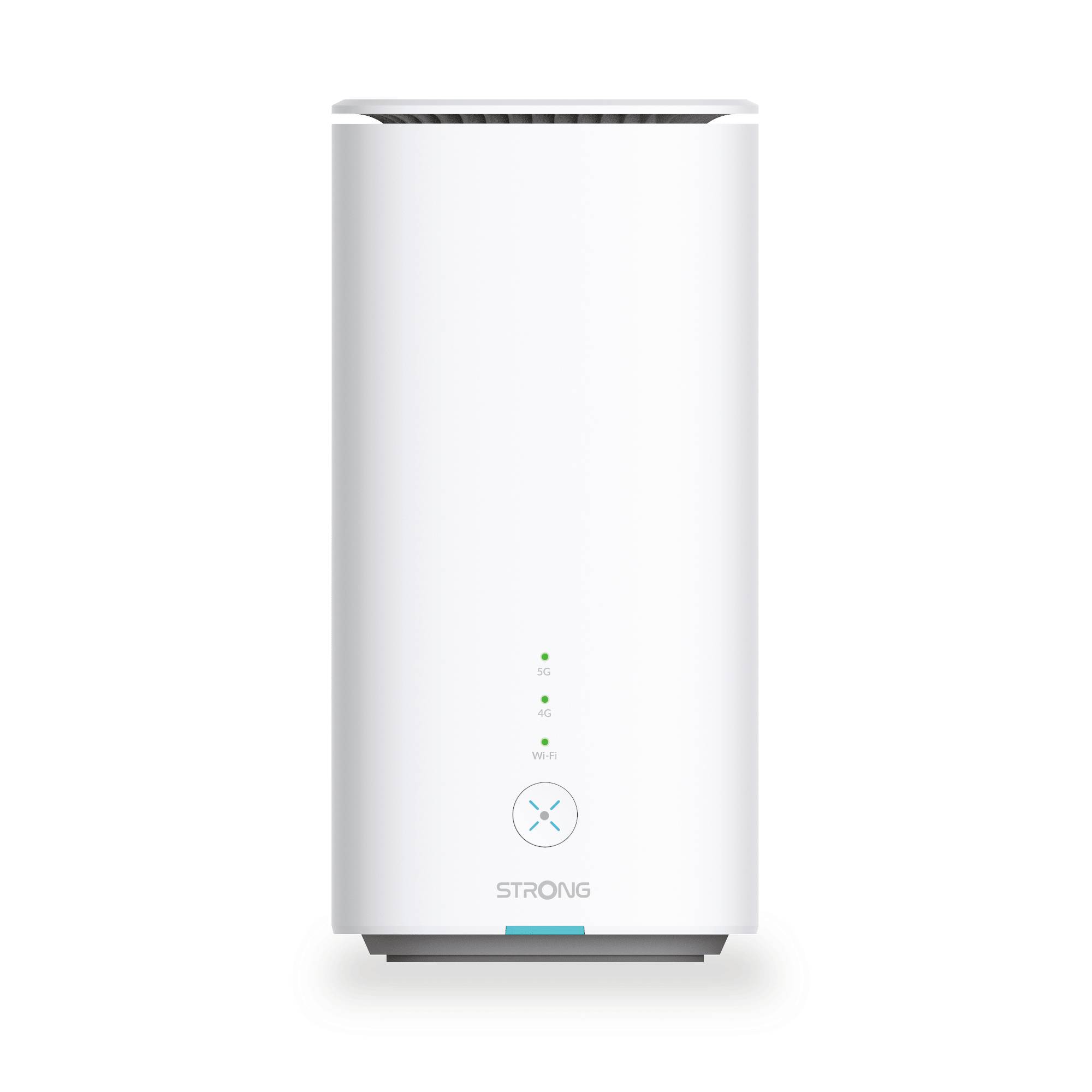 Ein weißer zylindrischer WLAN-Router der Marke „STRONG" mit Markennamen am unteren Ende, ausgestattet mit Anzeigelichtern für Stromversorgung, WAN- und LAN-Verbindungen.