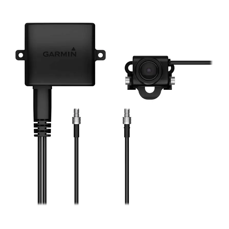 „GARMIN" Gerät mit schwarzem elektronischem Gehäuse in quadratischer Form mit Kabeln; kleine Kamera daneben angebracht, beide für Videoaufnahmen oder Überwachung ausgelegt.
