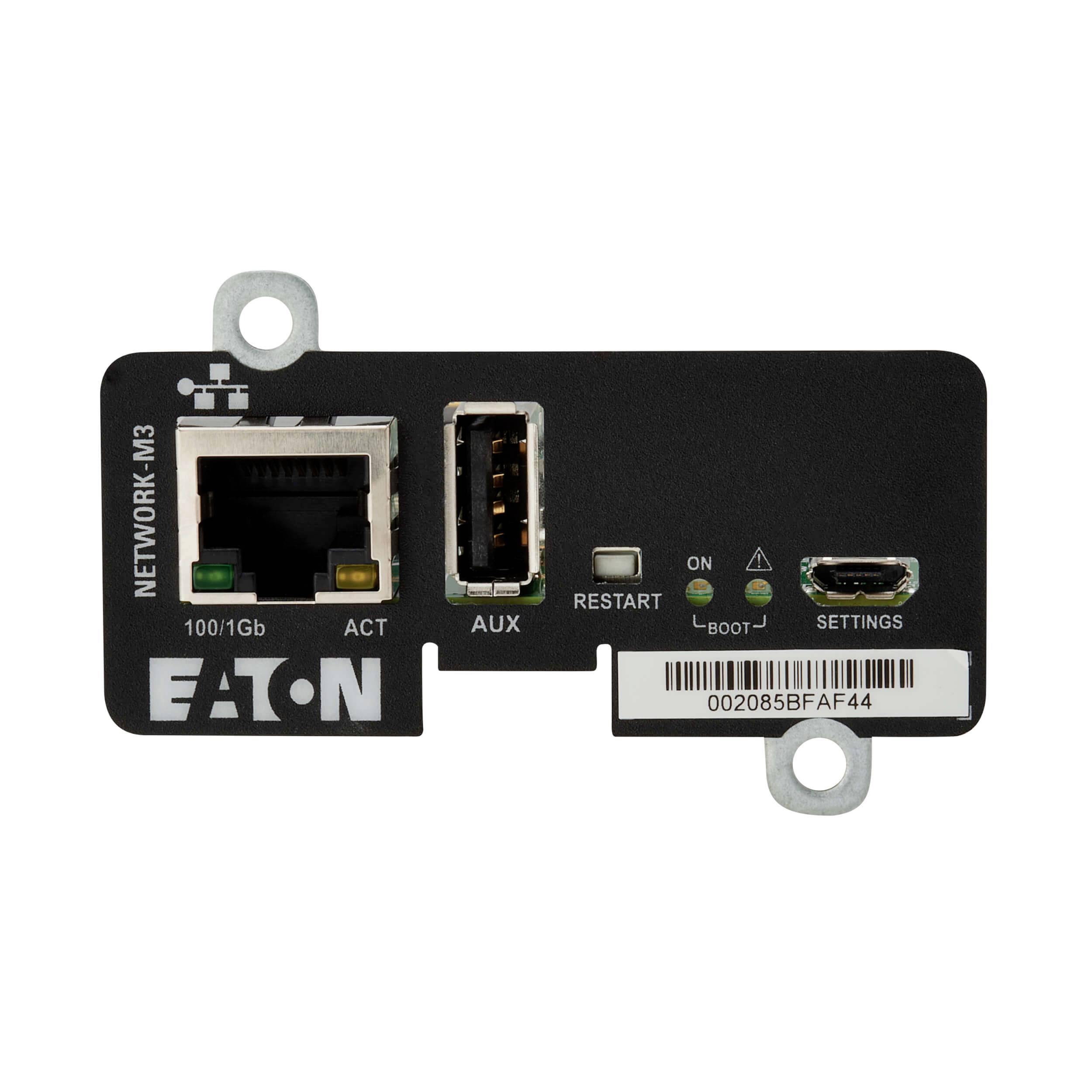 „Eaton Network M3-Karte" mit Ethernet-, USB-, Hilfsmittel- und HDMI-Anschlüssen sowie Indikatoren für Aktivität, Start, Neustart und Einstellungen.