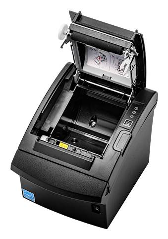 Ein offener schwarzer Thermodrucker für Quittungen mit freiliegendem Rollenpapierfach und Bedienungsabbildungen auf der Innenseite des Deckels.