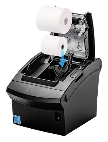 Ein offener schwarzer Thermodrucker mit illustrierten Anleitungen, die zeigen, wie zwei Papierrollen innen eingelegt werden, mit einem Pfeil, der die Platzierung anzeigt.