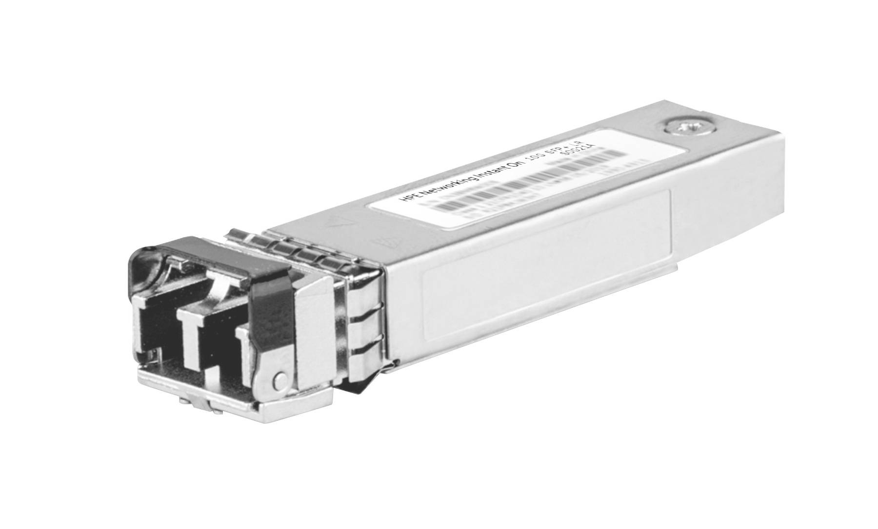 Ein SFP-Optikmodul zur Netzwerkverbindung, von einer angewinkelten Seite dargestellt. Es verfügt über eine metallische Konstruktion mit Anschlussanschlüssen.
