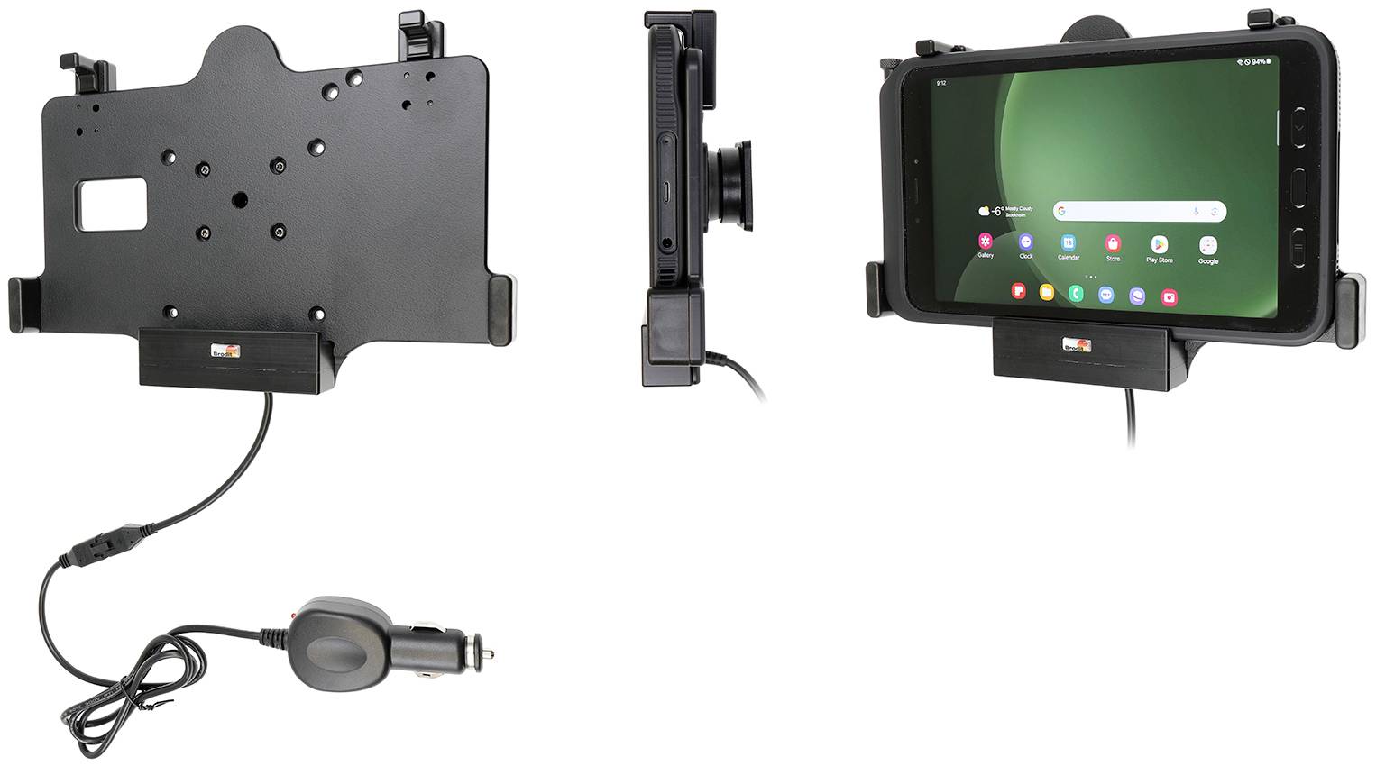 Tablet-Halterung für Fahrzeugarmaturenbrett, einschließlich Ladekabel mit Autoadapter. Tablet sicher montiert, zeigt App-Symbole auf dem Bildschirm.