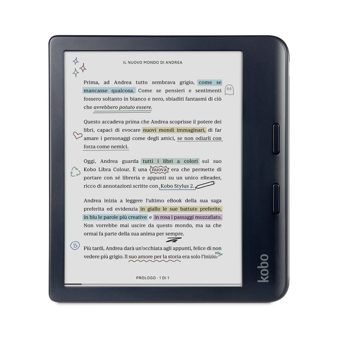 Ein E-Reader, auf dem eine Seite mit italienischem Text angezeigt wird, wobei einige Teile in verschiedenen Farben hervorgehoben sind und Teile des Inhalts betont werden.