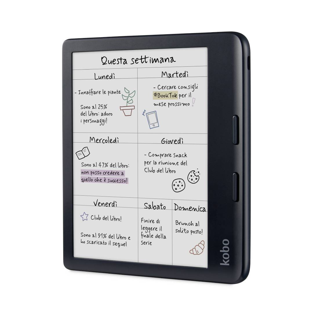 Kalender auf einem E-Reader mit dem Titel „Diese Woche" mit täglichen Aufgaben auf Italienisch, wie Buchschreiben, TikTok-Suche und Snackkauf.