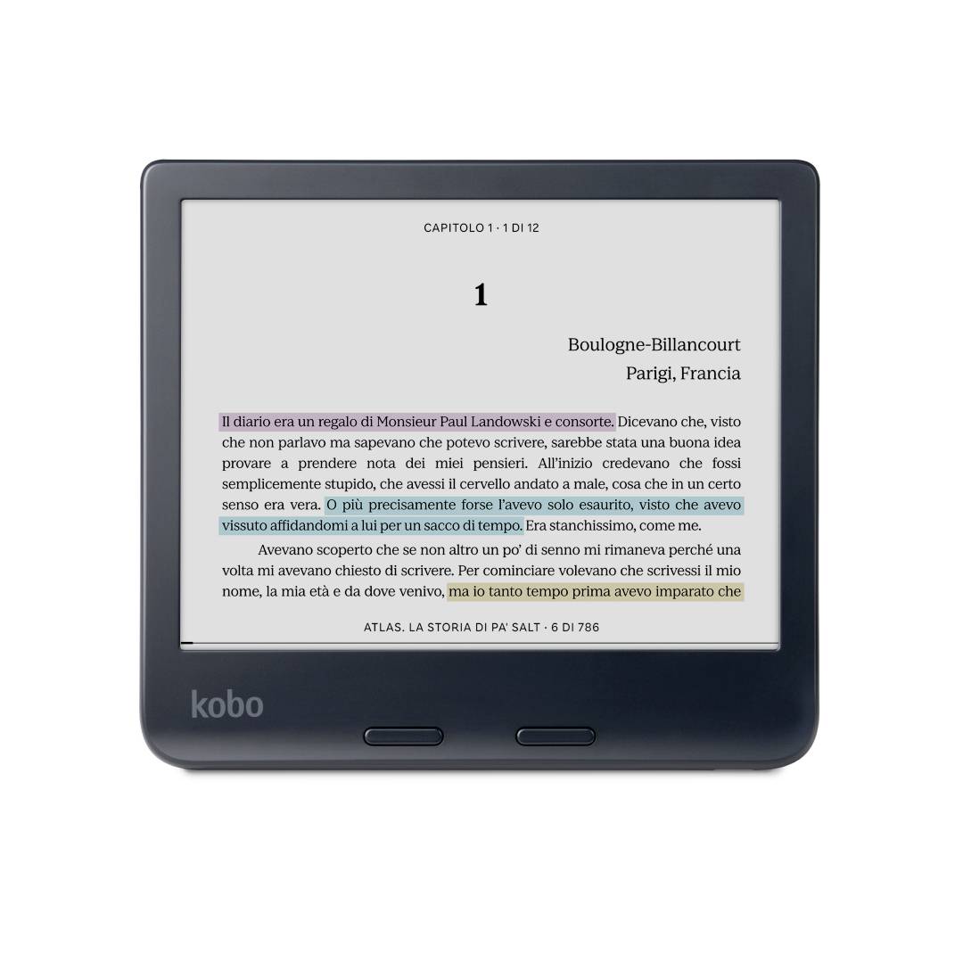 Ein E-Reader, der eine Seite mit italienischem Text anzeigt, mit dem Titel „Capitolo 1". Der markierte Text erwähnt ein Geschenk von Monsieur Paul Landowski.